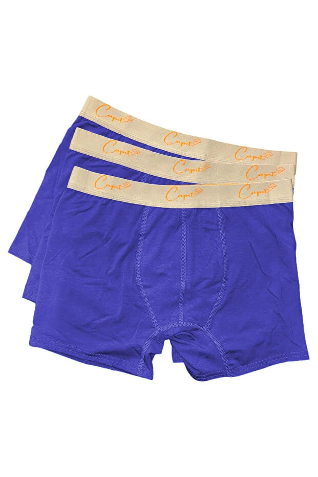 Pamuklu Likralı 3'lü Saks Mavi Penye Boxer