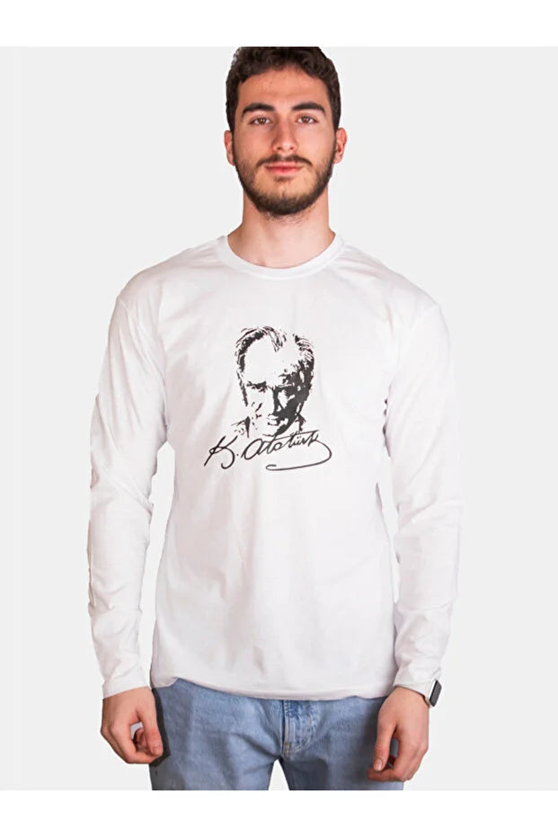 Baumwoll-Langarmshirt für Erwachsene mit Atatürk-Druck für den 23. April und 29. Oktober