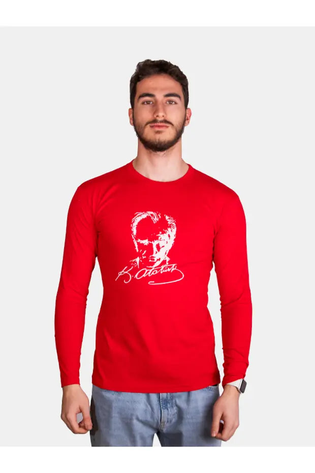 Baumwoll-Langarmshirt für Erwachsene mit Atatürk-Druck für den 23. April und 29. Oktober