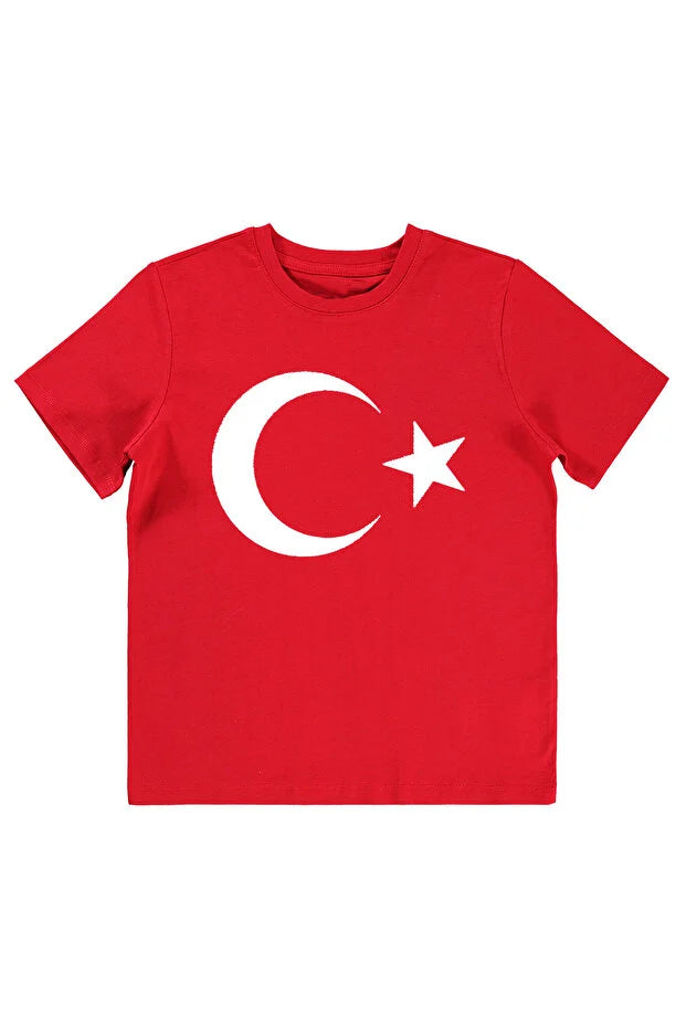Pamuklu Ay-Yıldız Baskılı 23 Nisan Çocuk Tişörtü