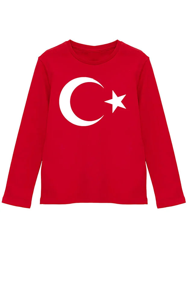 Pamuklu Uzun Kollu Ay-Yıldız Baskılı 23 Nisan Çocuk Tişörtü