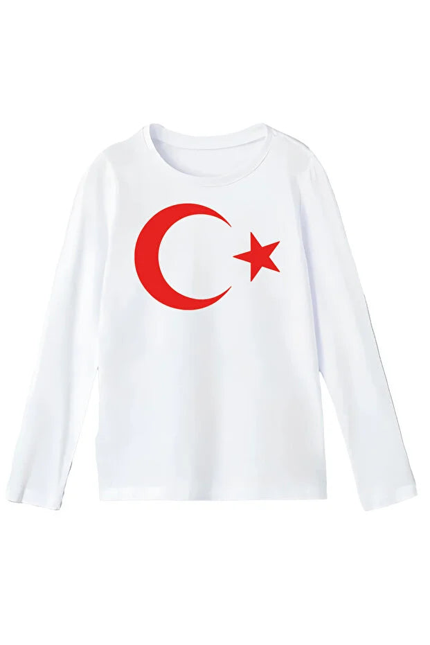 Pamuklu Uzun Kollu Ay-Yıldız Baskılı 23 Nisan Çocuk Tişörtü