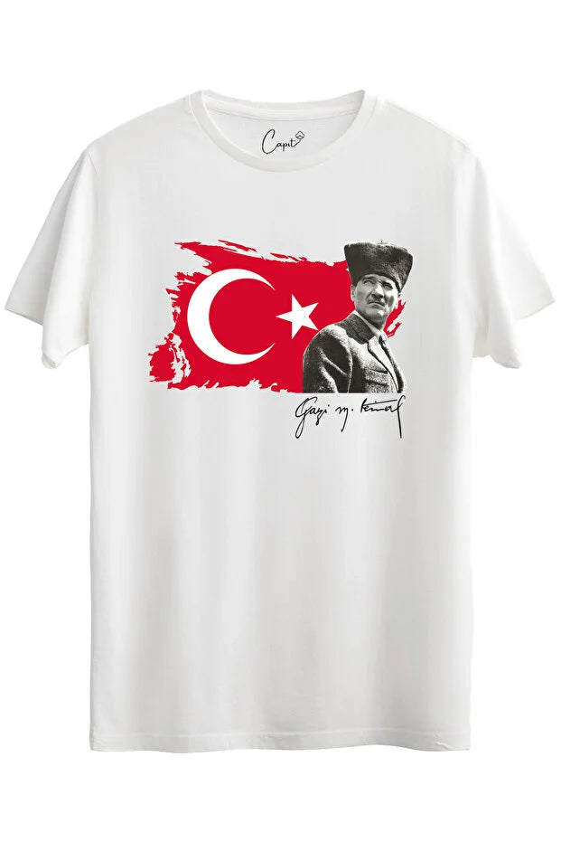 Baumwoll-T-Shirt für Erwachsene mit Halbmond-Stern-Gazi M. Kemal Atatürk-Druck für den 23. April und 29. Oktober