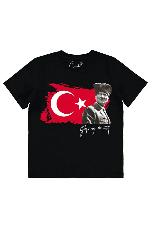Pamuklu Ay-Yıldız Gazi M.Kemal Atatürk Baskılı 23 Nisan 29 Ekim Çocuk Tişörtü
