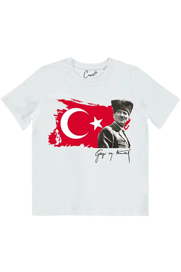 Pamuklu Ay-Yıldız Gazi M.Kemal Atatürk Baskılı 23 Nisan 29 Ekim Çocuk Tişörtü