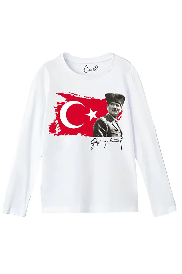 Pamuklu Uzun Kollu Ay-Yıldız Gazi M.Kemal Atatürk Baskılı 23 Nisan 29 Ekim Çocuk Tişörtü