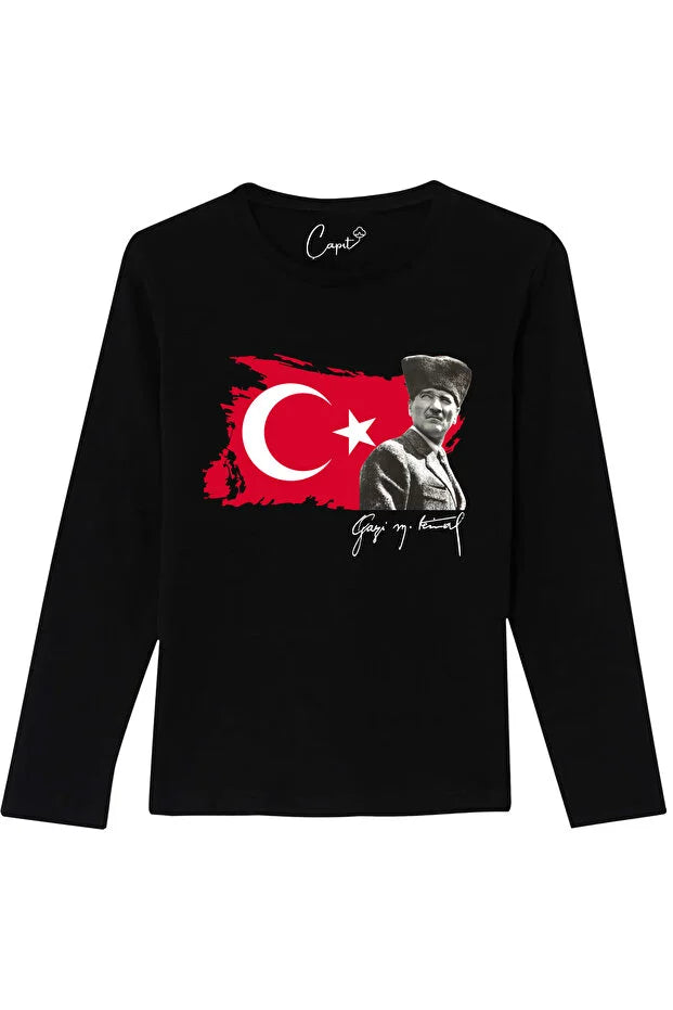 Pamuklu Uzun Kollu Ay-Yıldız Gazi M.Kemal Atatürk Baskılı 23 Nisan 29 Ekim Çocuk Tişörtü