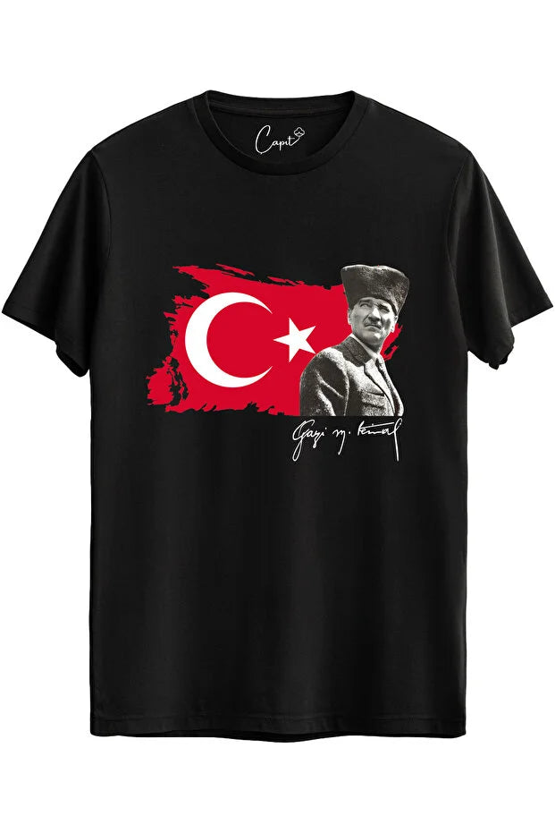 Baumwoll-T-Shirt für Erwachsene mit Halbmond-Stern-Gazi M. Kemal Atatürk-Druck für den 23. April und 29. Oktober