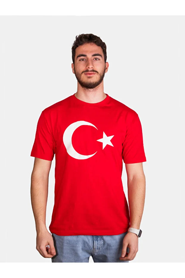 Baumwoll-T-Shirt mit Halbmond-Stern-Druck für Erwachsene zum 23. April