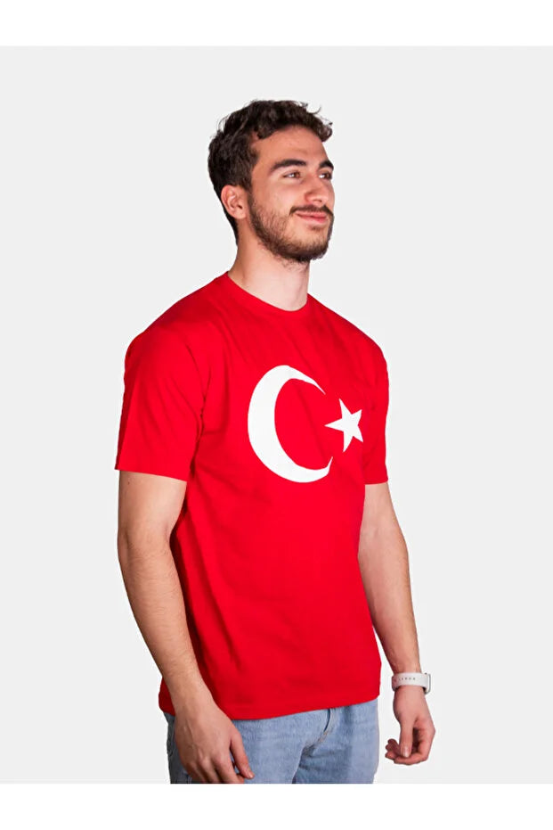 Baumwoll-T-Shirt mit Halbmond-Stern-Druck für Erwachsene zum 23. April
