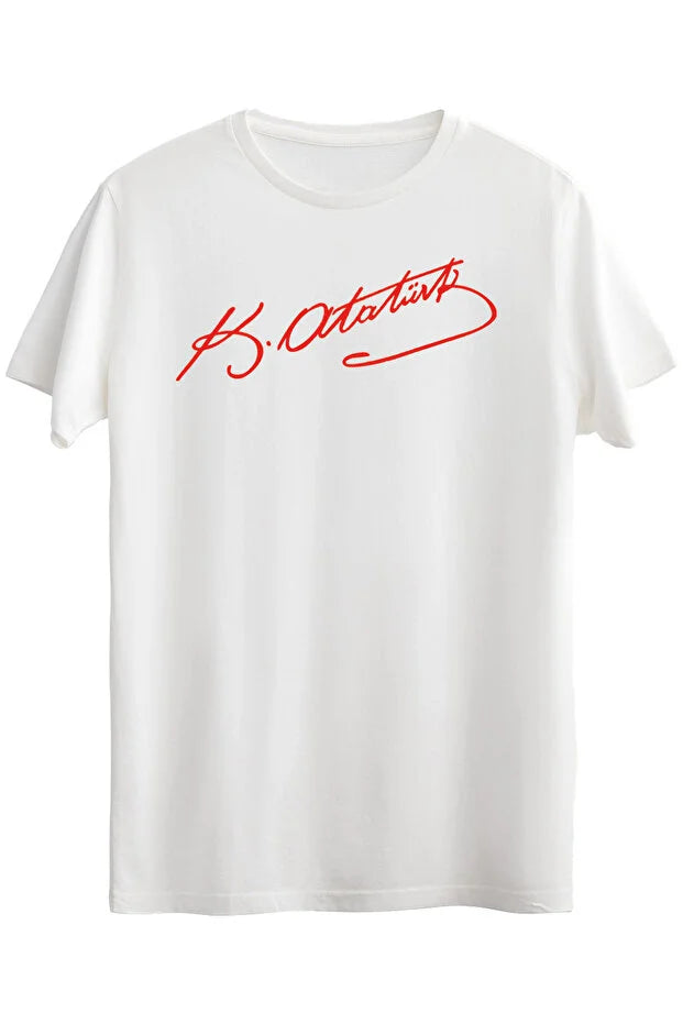 Baumwoll-T-Shirt mit Atatürk-Unterschriften-Print für Erwachsene, zum 23. April und 29. Oktober