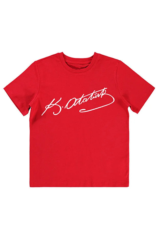 Pamuklu Atatürk İmza Baskılı 23 Nisan 29 Ekim Çocuk Tişörtü