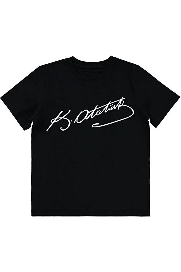 Pamuklu Atatürk İmza Baskılı 23 Nisan 29 Ekim Çocuk Tişörtü