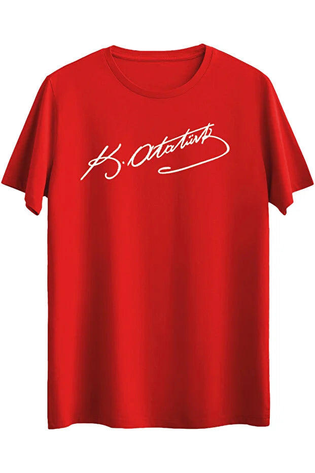 Baumwoll-T-Shirt mit Atatürk-Unterschriften-Print für Erwachsene, zum 23. April und 29. Oktober