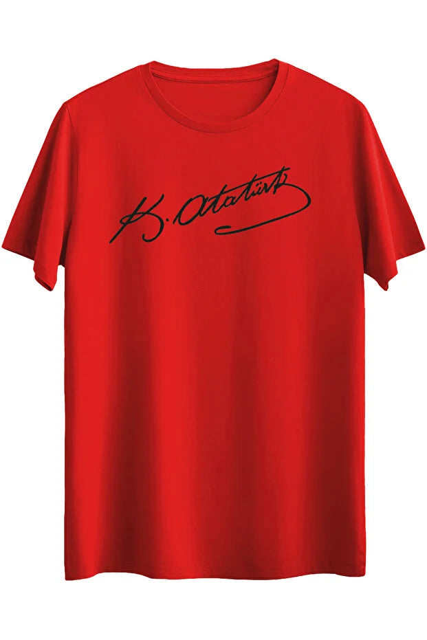 Baumwoll-T-Shirt mit Atatürk-Unterschriften-Print für Erwachsene, zum 23. April und 29. Oktober