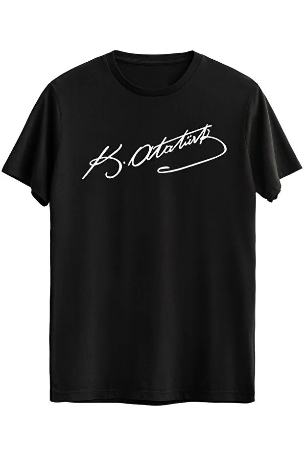 Baumwoll-T-Shirt mit Atatürk-Unterschriften-Print für Erwachsene, zum 23. April und 29. Oktober