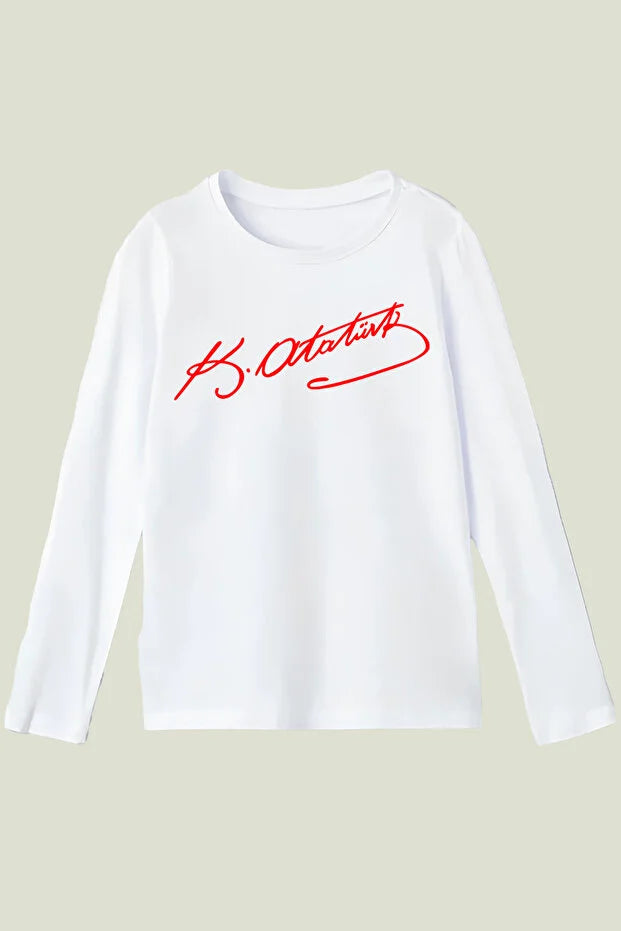 Pamuklu Uzun Kollu Atatürk İmza Baskılı 23 Nisan 29 Ekim Çocuk Tişörtü