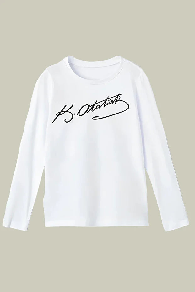 Pamuklu Uzun Kollu Atatürk İmza Baskılı 23 Nisan 29 Ekim Çocuk Tişörtü