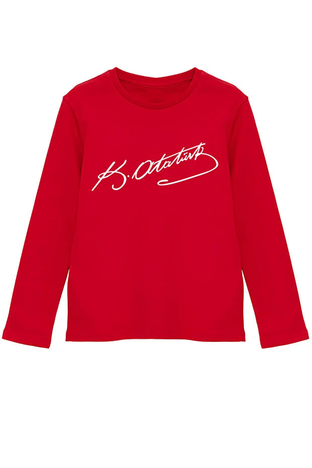 Pamuklu Uzun Kollu Atatürk İmza Baskılı 23 Nisan 29 Ekim Çocuk Tişörtü