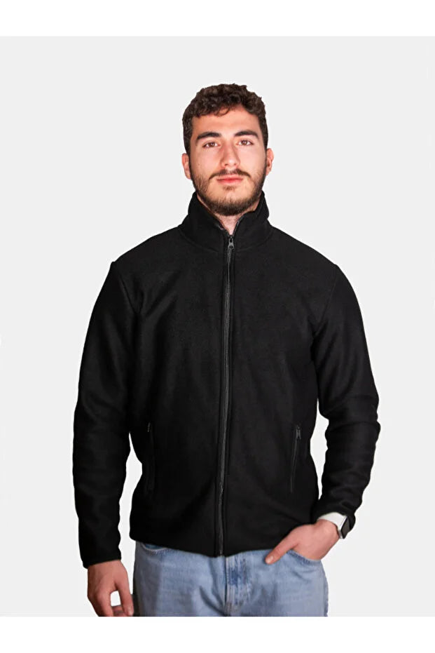 Unisex İki Cepli Siyah Polar Ceket