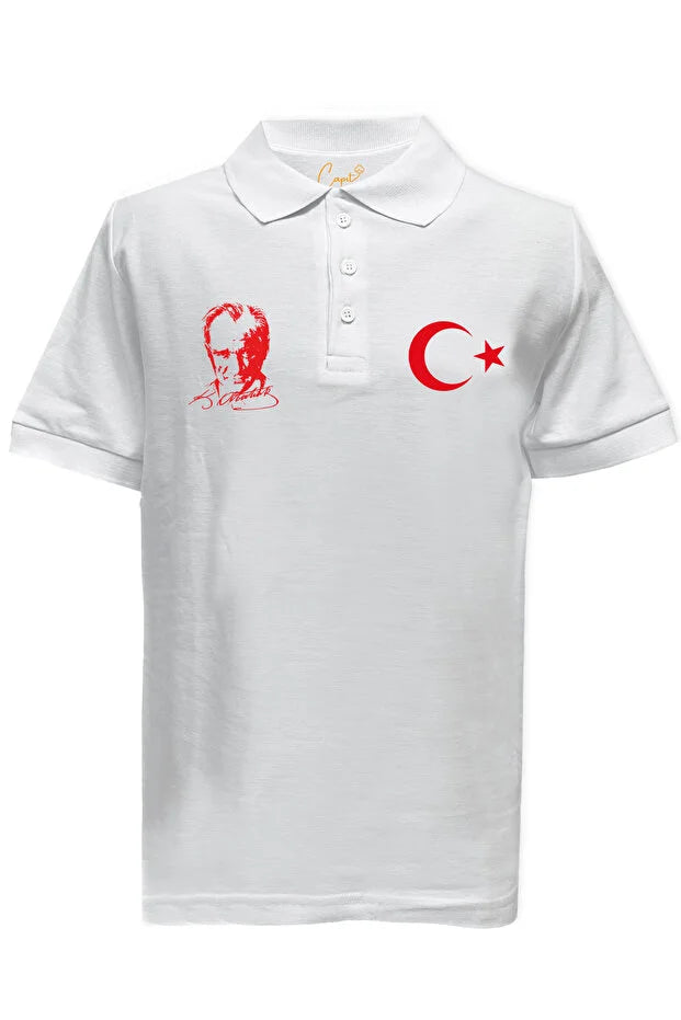 Baumwoll-Polohemd mit Atatürk- und Halbmond-Stern-Motiv für den 23. April und 29. Oktober, für Erwachsene