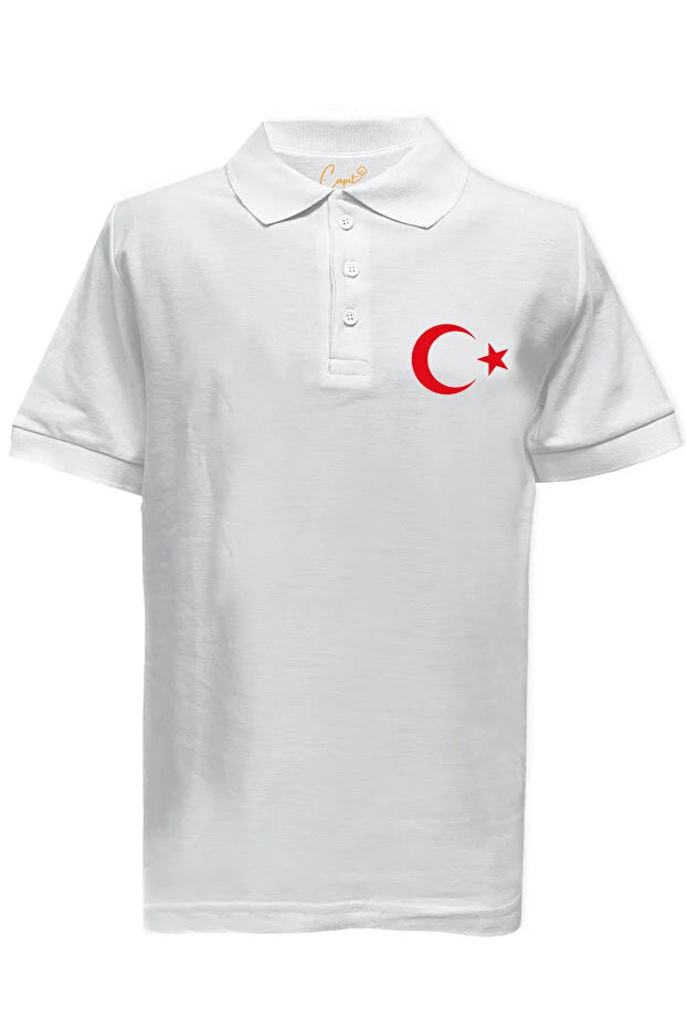 Baumwoll-Polo-Shirt mit Stern- und Halbmond-Druck für Erwachsene zum 23. April und 29. Oktober