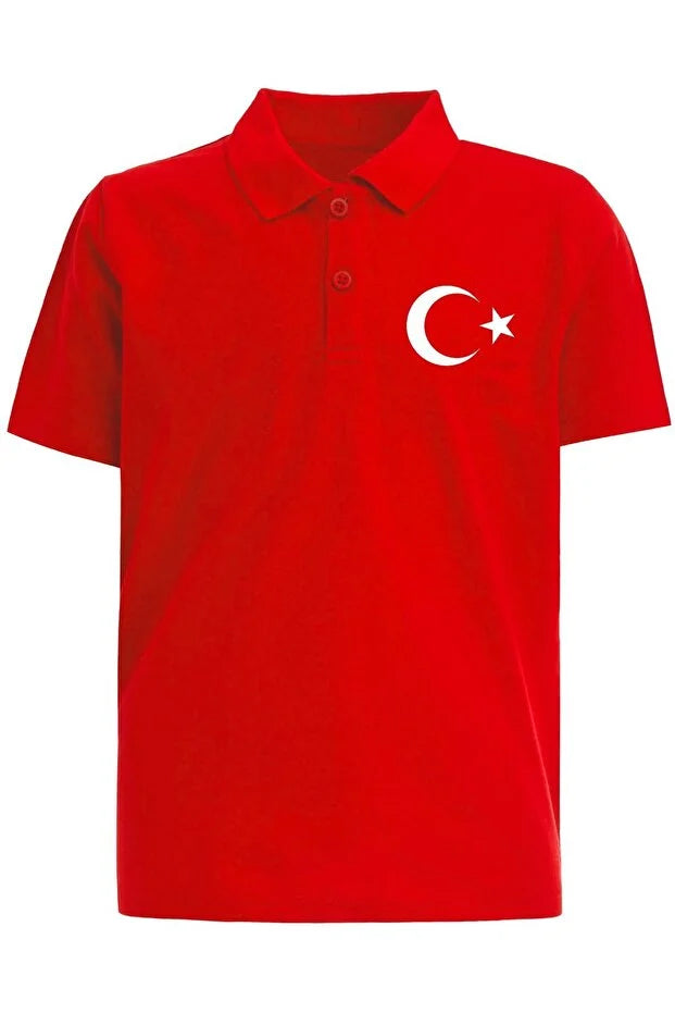 Baumwoll-Polo-Shirt mit Stern- und Halbmond-Druck für Erwachsene zum 23. April und 29. Oktober