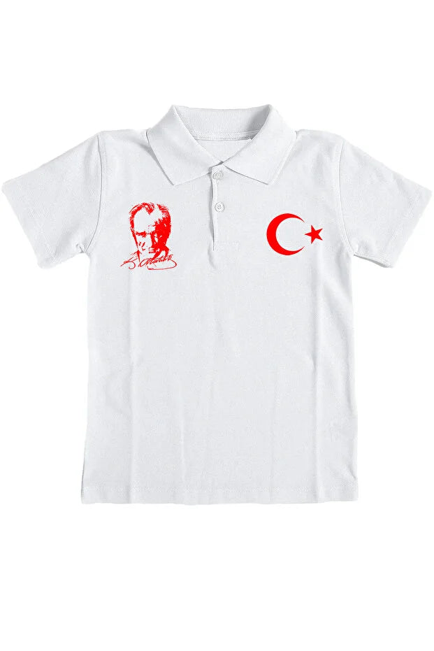 Pamuklu Polo Yaka Atatürk ve Ay Yıldızlı 23 Nisan 29 Ekim Çocuk Tişört