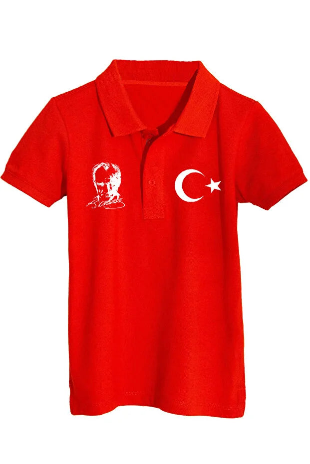 Pamuklu Polo Yaka Atatürk ve Ay Yıldızlı 23 Nisan 29 Ekim Çocuk Tişört
