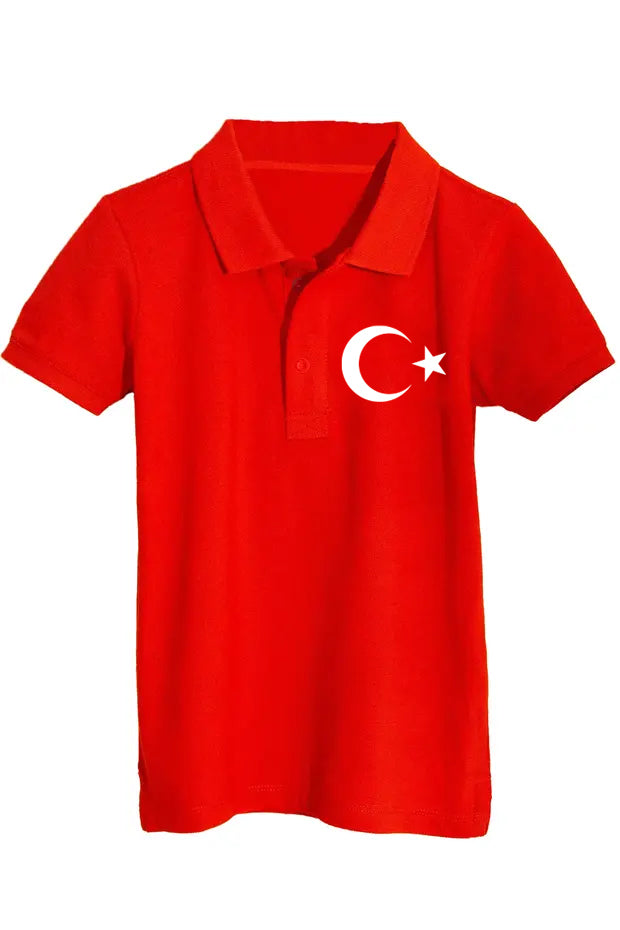 Pamuklu Polo Yaka Ay Yıldız Baskılı 23 Nisan 29 Ekim Çocuk Tişört