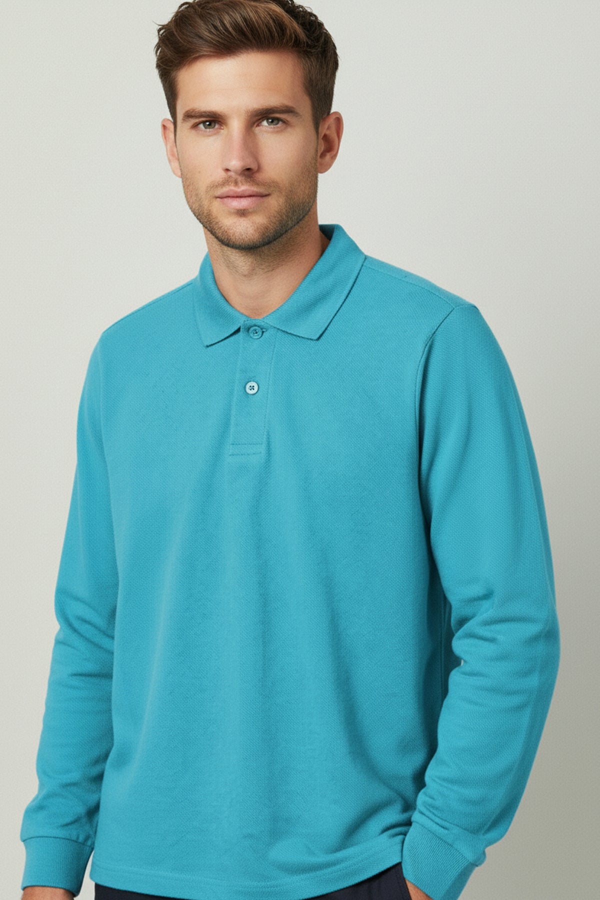 Polo Yaka Uzun Kollu Açık Turkuaz Tişört