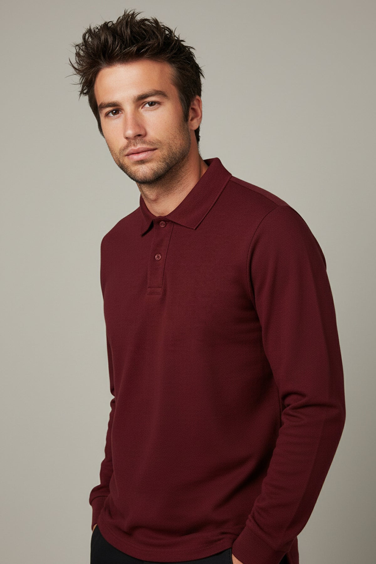 Polo Yaka Uzun Kollu Bordo Tişört