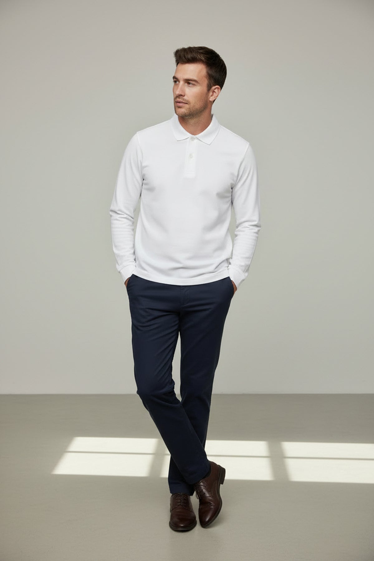 Polo Yaka Uzun Kollu Beyaz Tişört