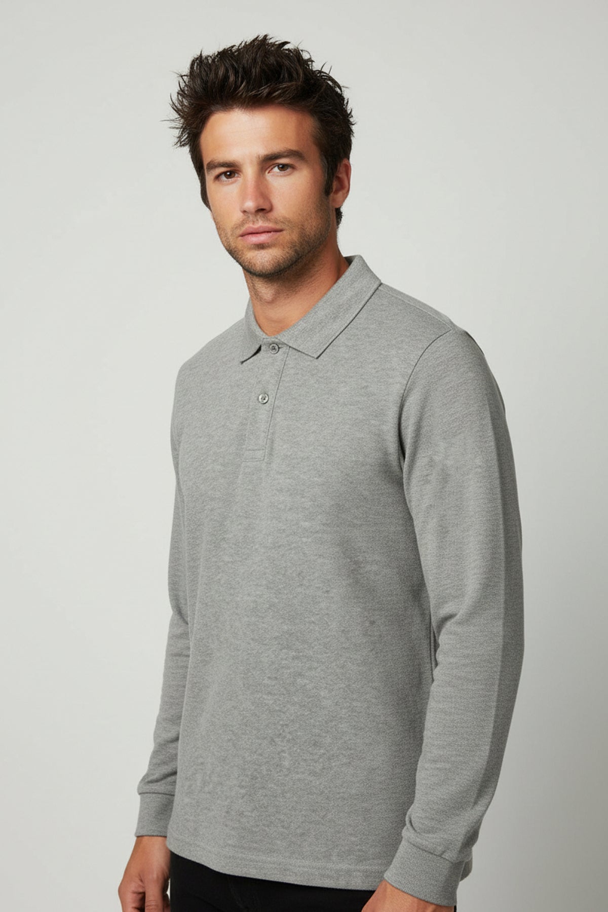 Polo Yaka Uzun Kollu Gri Melanj Tişört