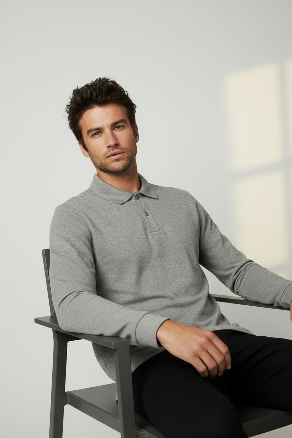 Polo Yaka Uzun Kollu Gri Melanj Tişört