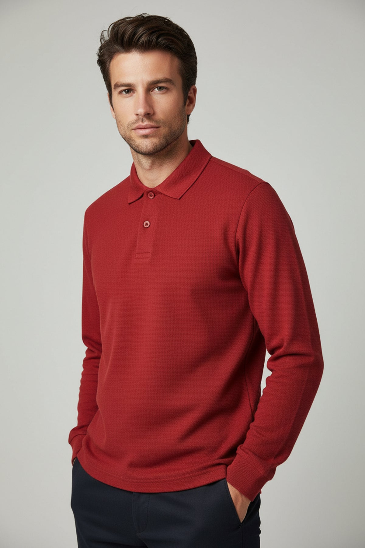 Polo Yaka Uzun Kollu Kırmızı Tişört