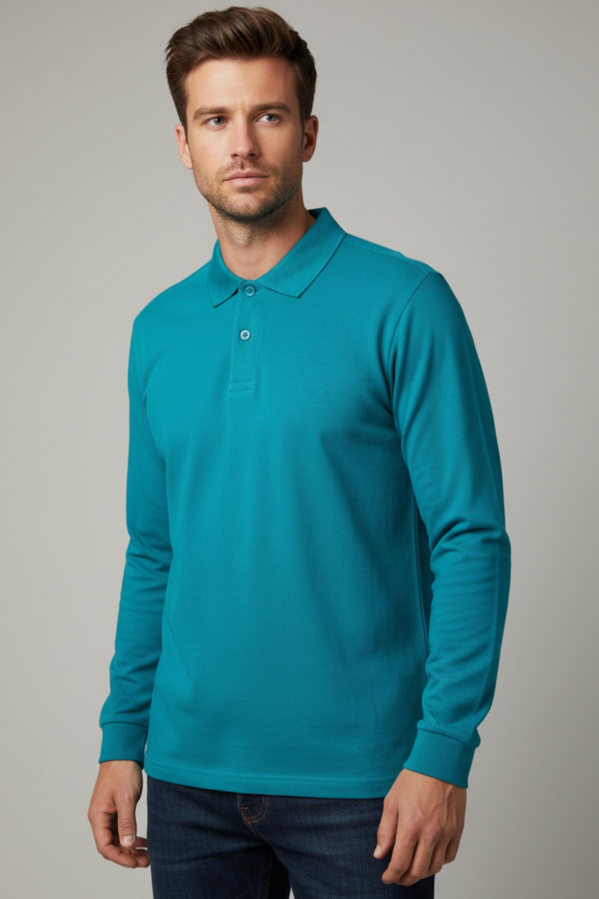 Polo Yaka Uzun Kollu Koyu Turkuaz Tişört