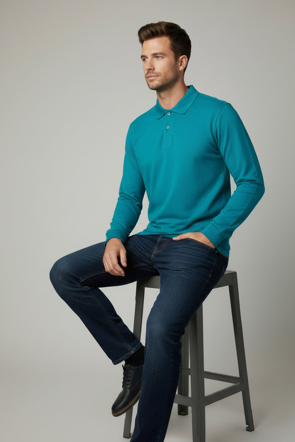 Polo Yaka Uzun Kollu Koyu Turkuaz Tişört