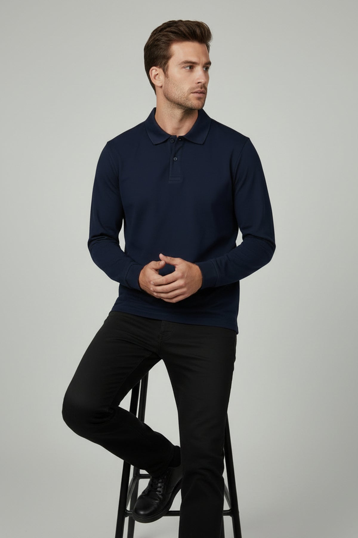 Polo Yaka Uzun Kollu Lacivert Tişört