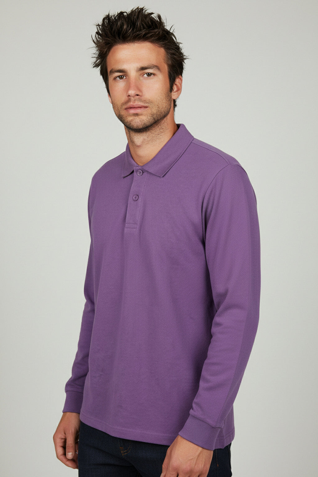 Polo Yaka Uzun Kollu Lila Tişört