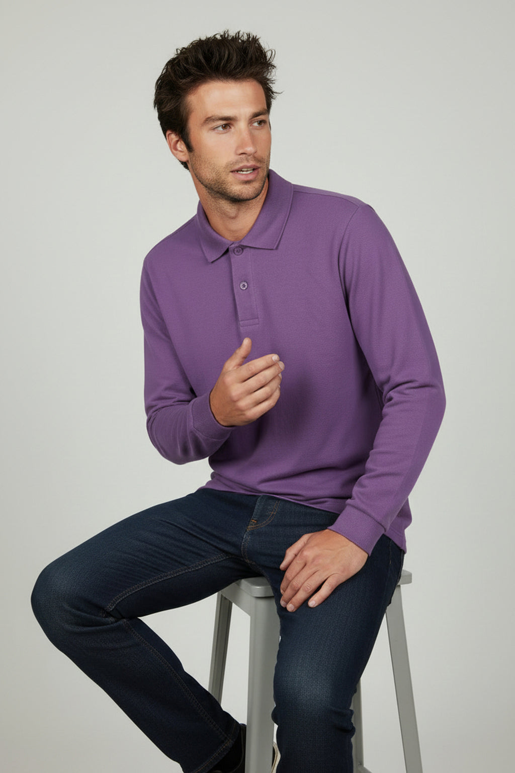 Polo Yaka Uzun Kollu Lila Tişört