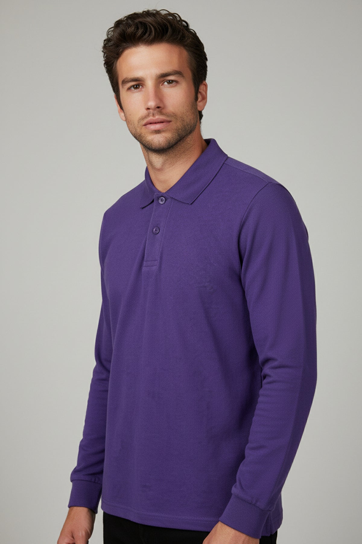 Polo Yaka Uzun Kollu Mor Tişört