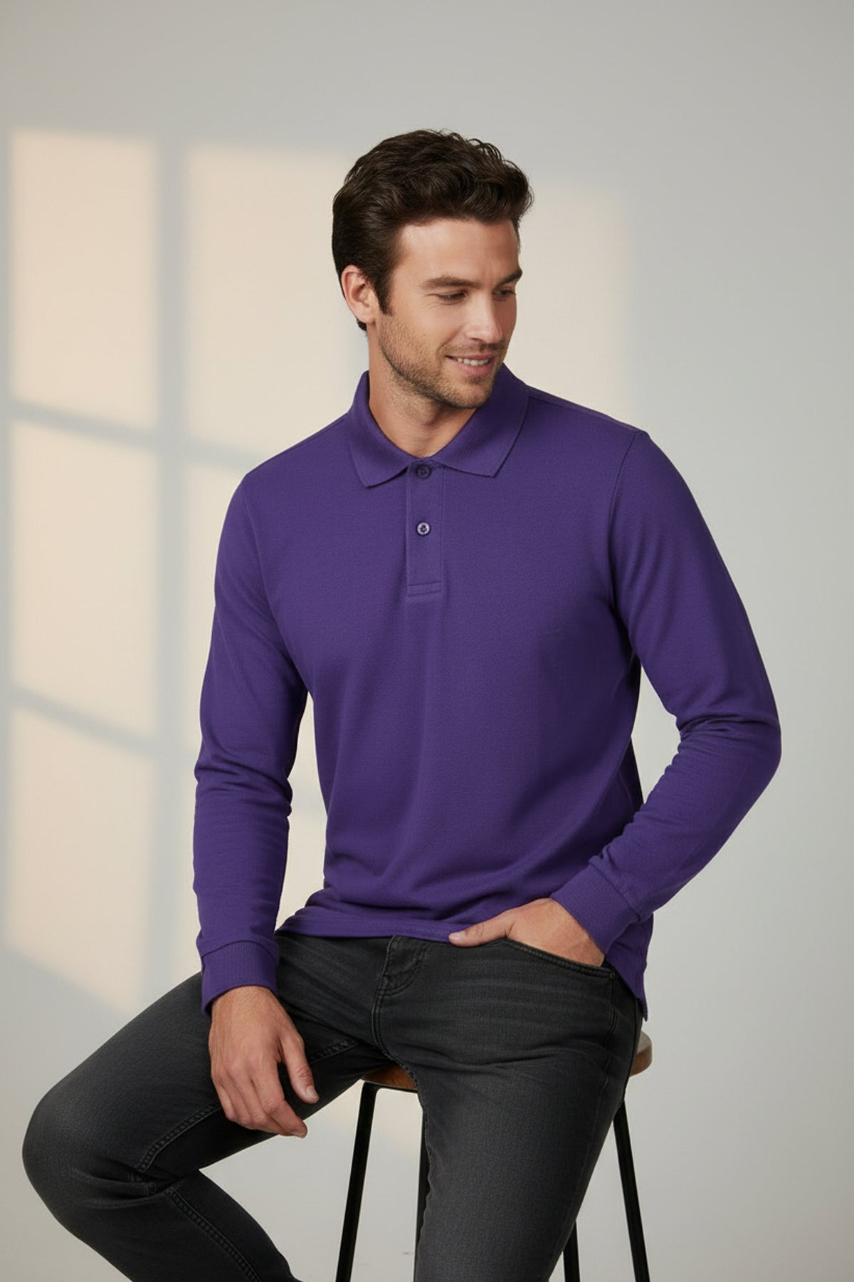 Polo Yaka Uzun Kollu Mor Tişört