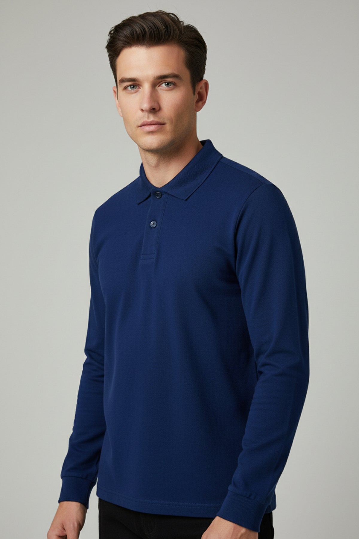 Polo Yaka Uzun Kollu Saks Mavi Tişört