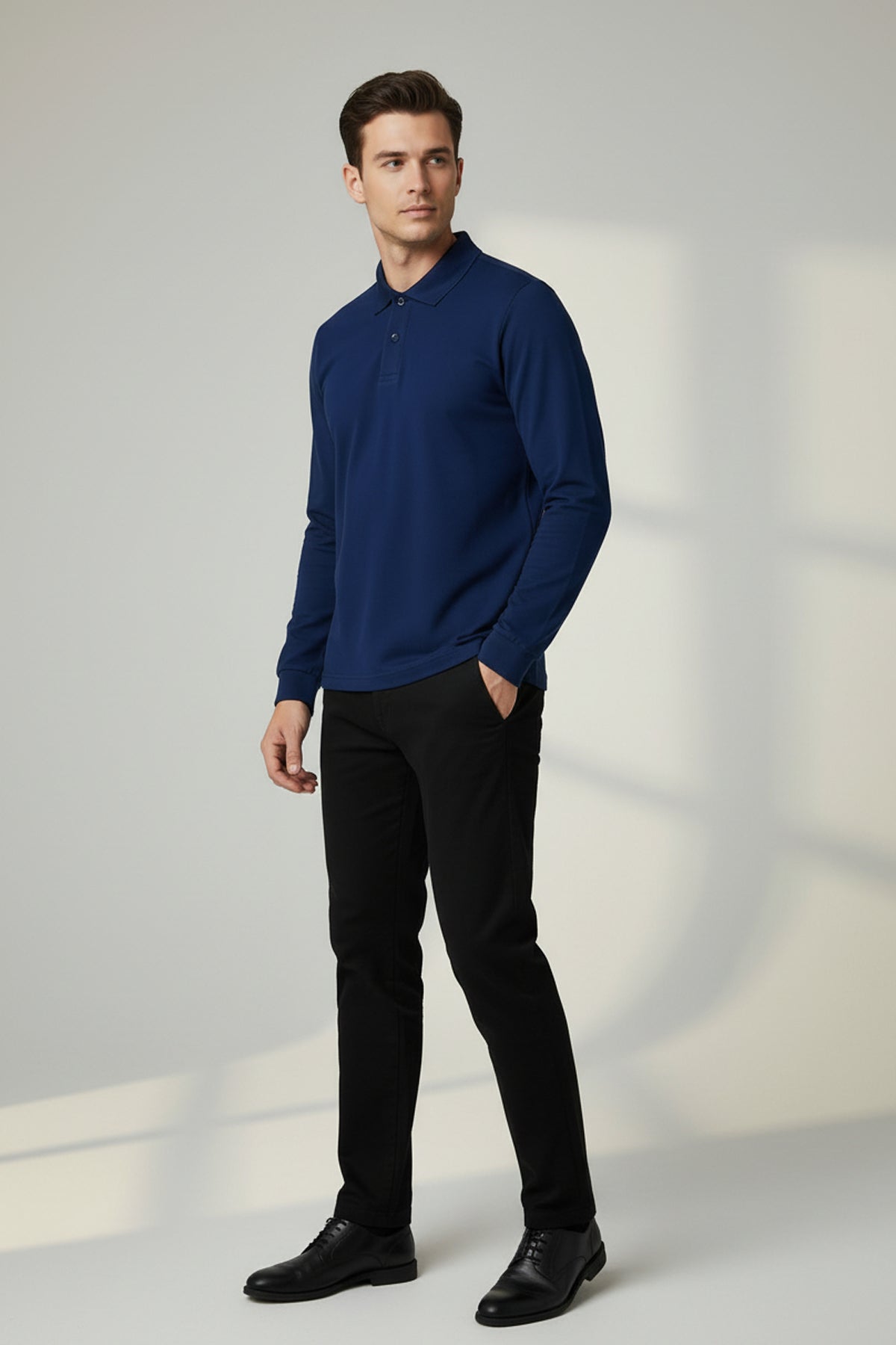 Polo Yaka Uzun Kollu Saks Mavi Tişört