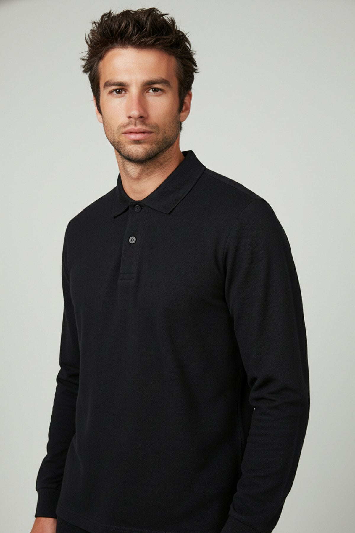 Polo Yaka Uzun Kollu Siyah Tişört