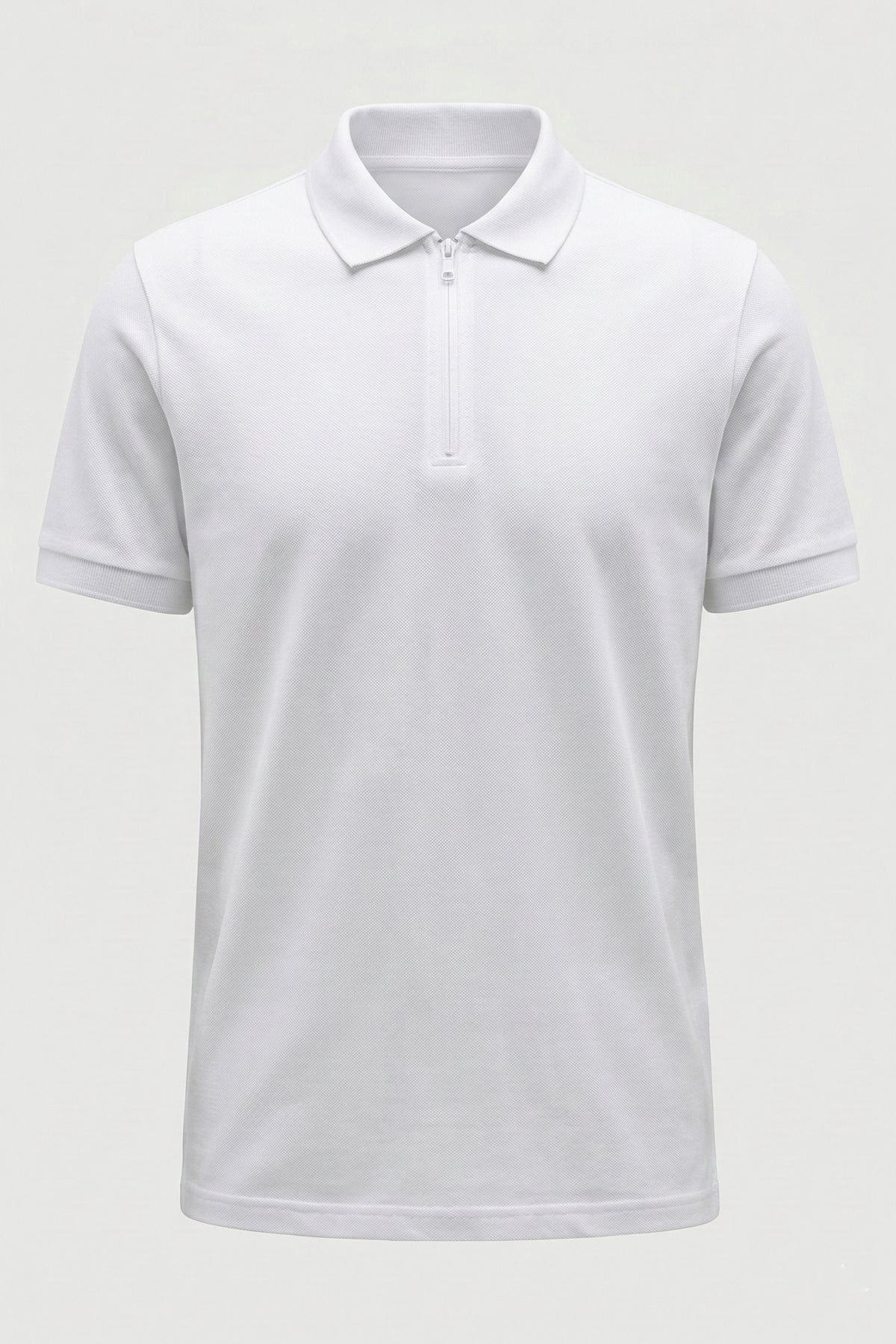 Polo Yaka Kısa Kollu Yarım Fermuarlı Beyaz Tişört