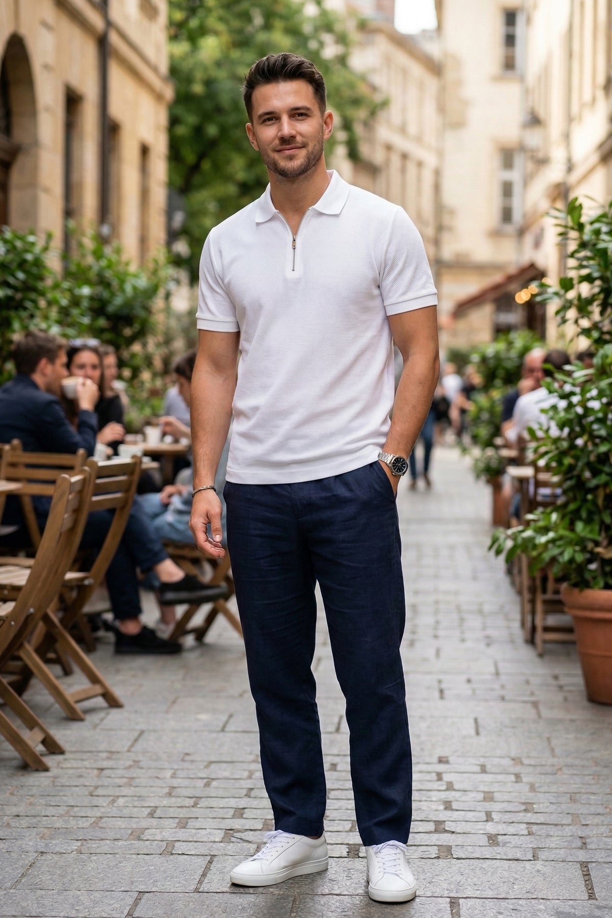 Polo Yaka Kısa Kollu Yarım Fermuarlı Beyaz Tişört