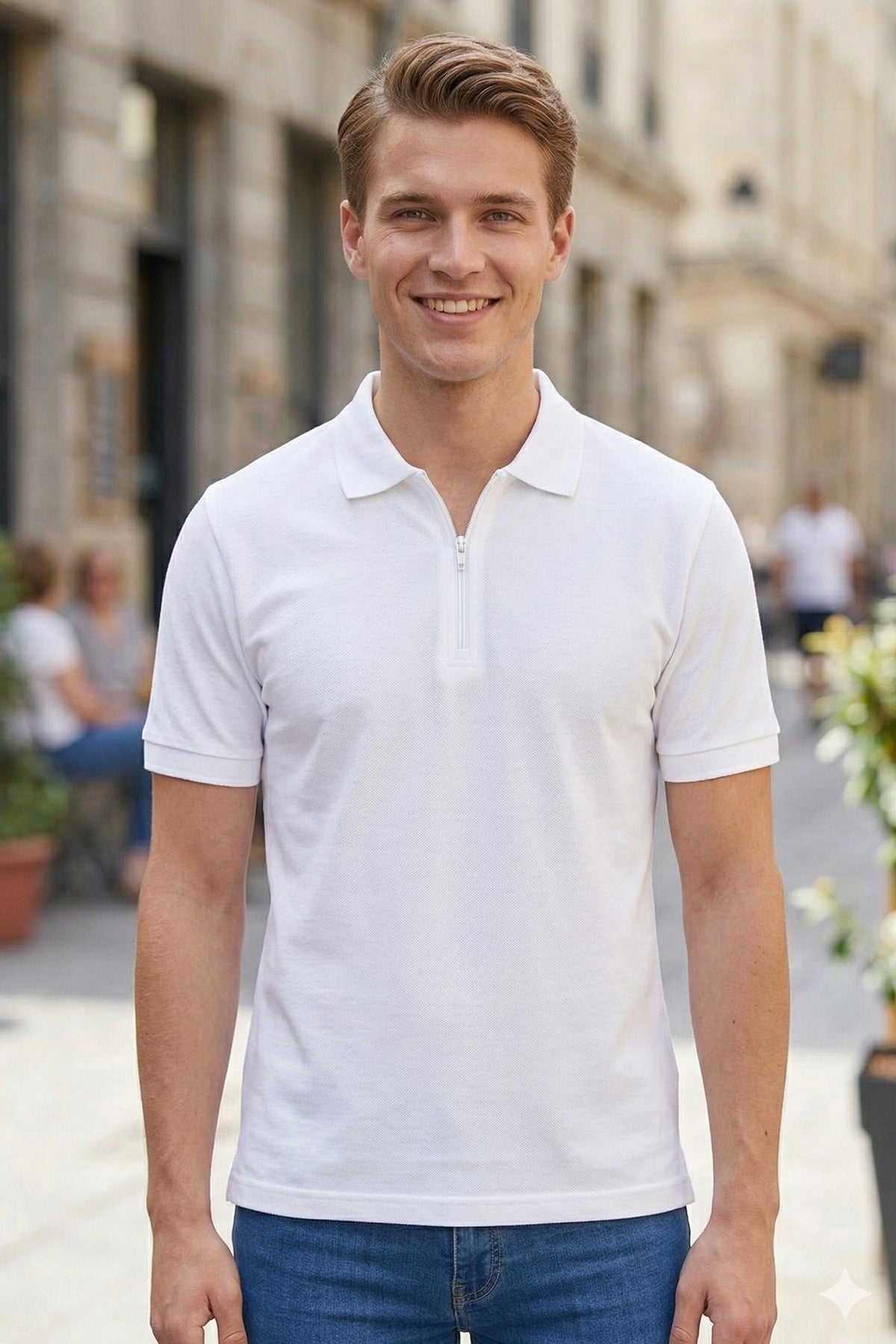 Polo Yaka Kısa Kollu Yarım Fermuarlı Beyaz Tişört