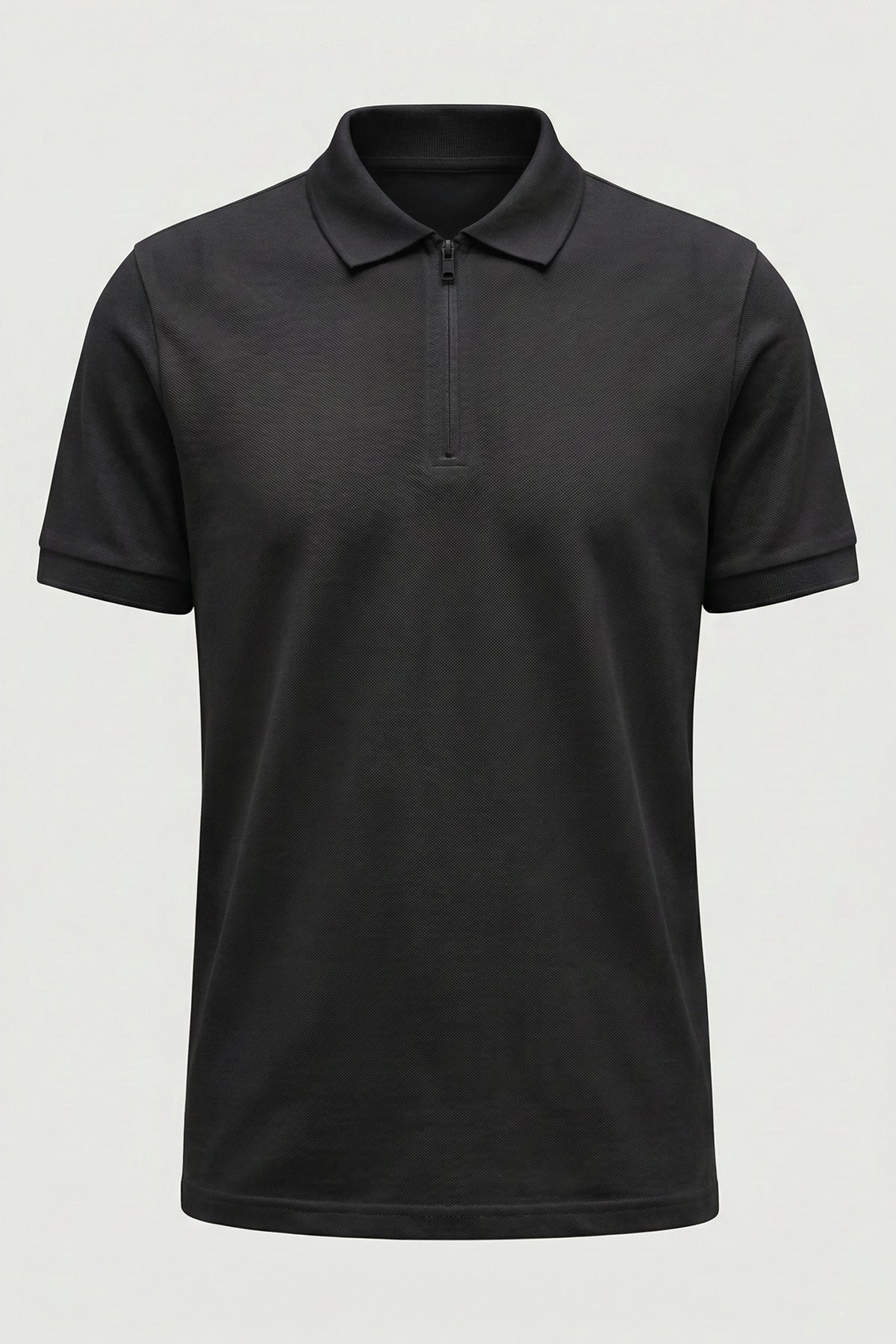 Polo Yaka Kısa Kollu Yarım Fermuarlı Siyah Tişört